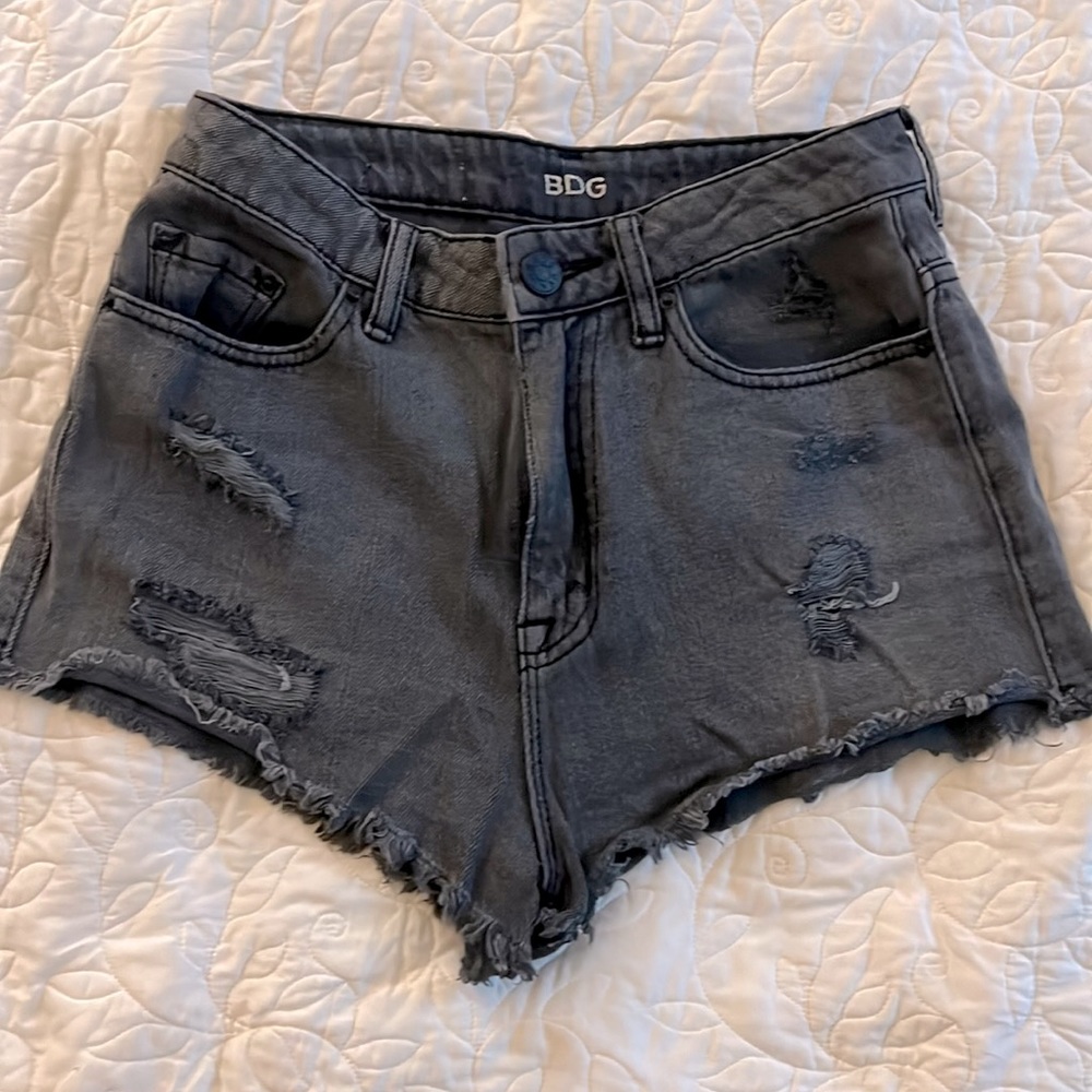 Like new BDG Urban Outfitters dark grey distressed denim shorts.